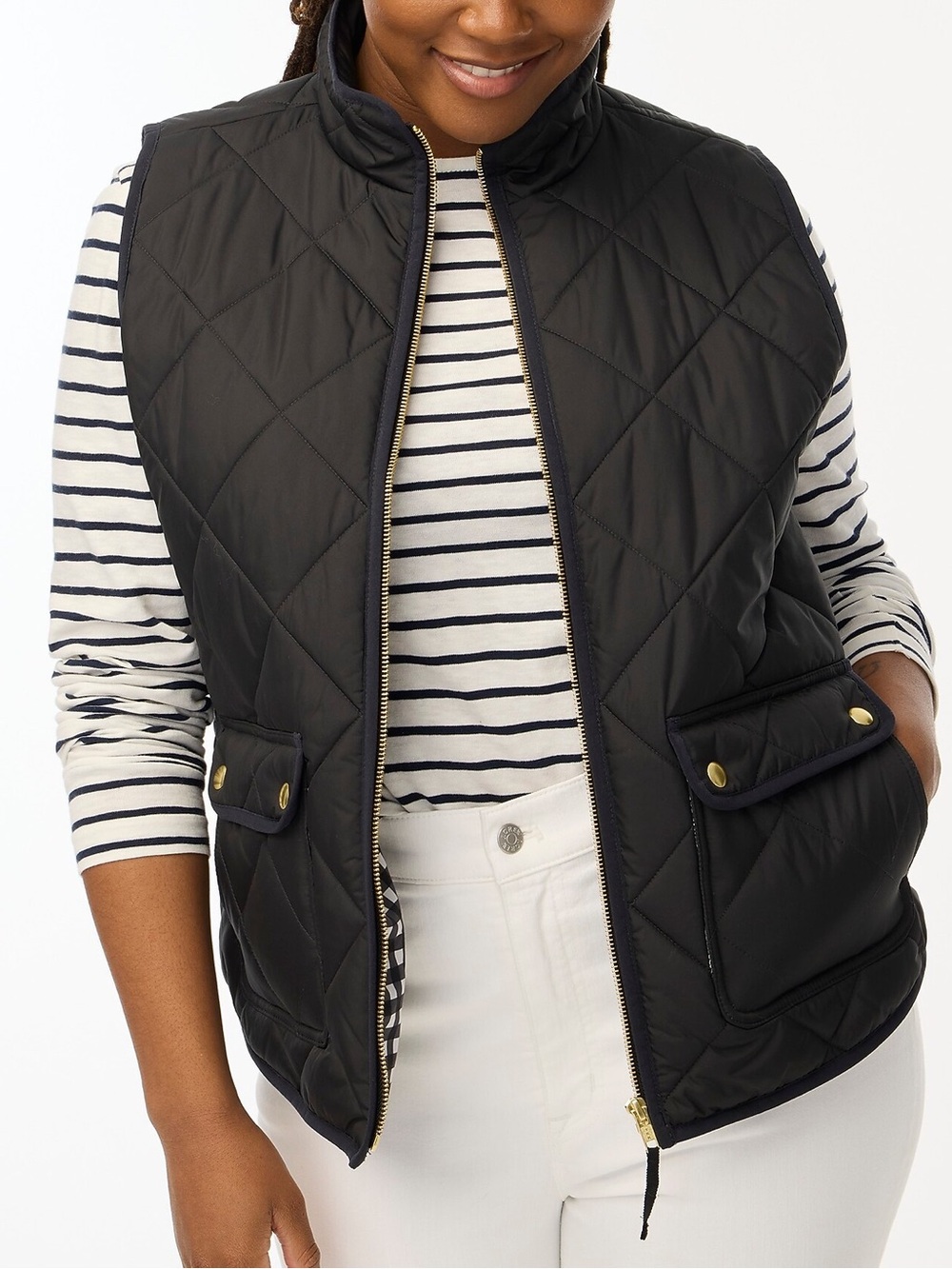 J. Crew Factory Quilted Black Zip Up Puffer Vest with Snap Pockets Size Large